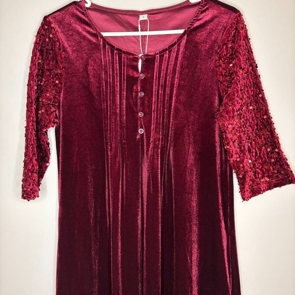 NEW Velour Swing Dress Womens S Burgundy Buttons 3/4 Sleeve Sequins Pockets